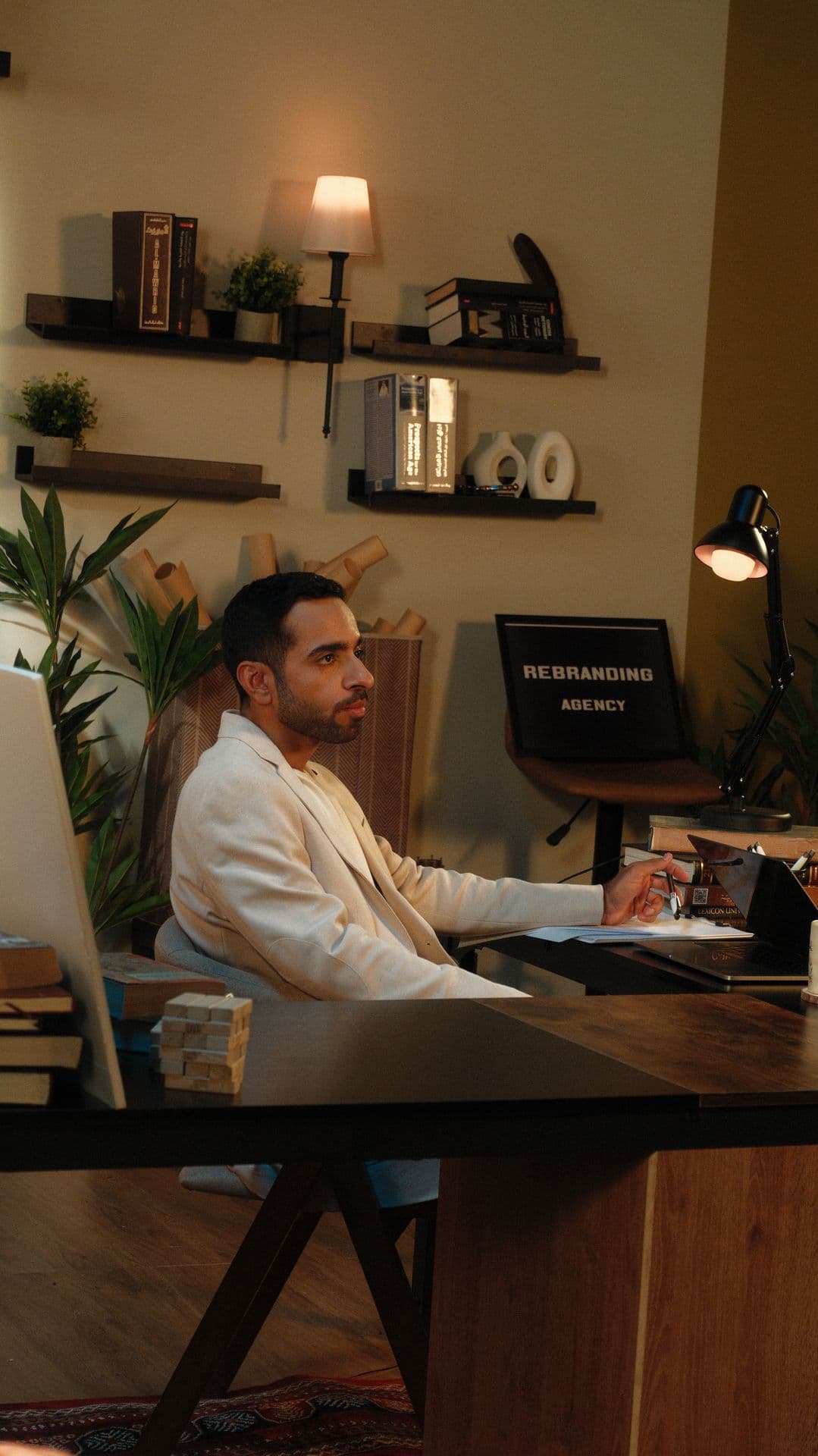 A presenter at his desk under a lamp