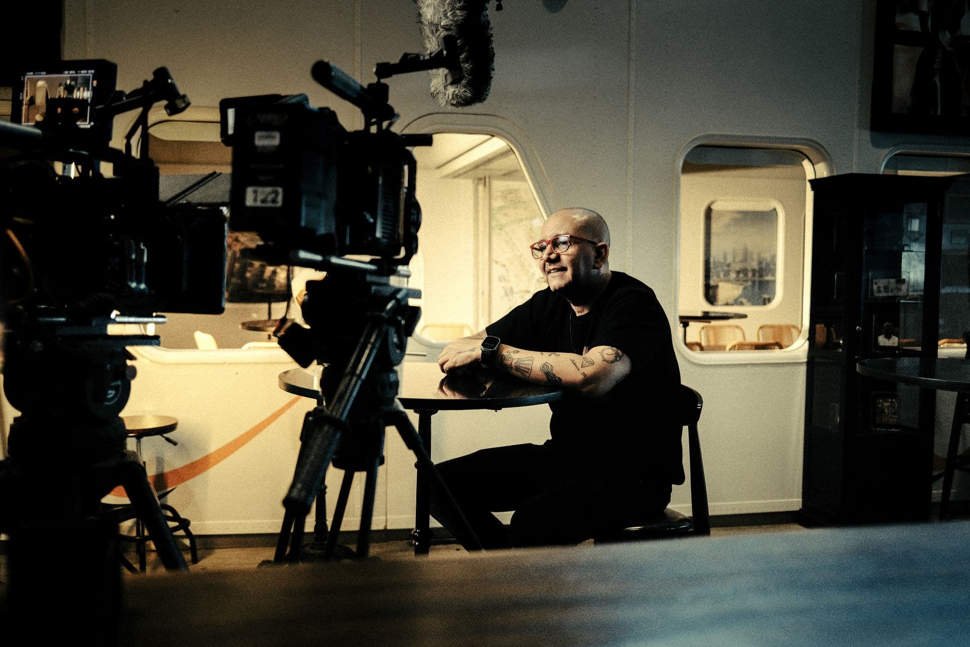 A cinema camera set on an interview